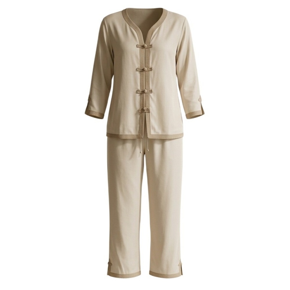 Vintage Cocoon by Randi Kristoffersen Pure Silk Pajama Lounge Set Beige Frog L